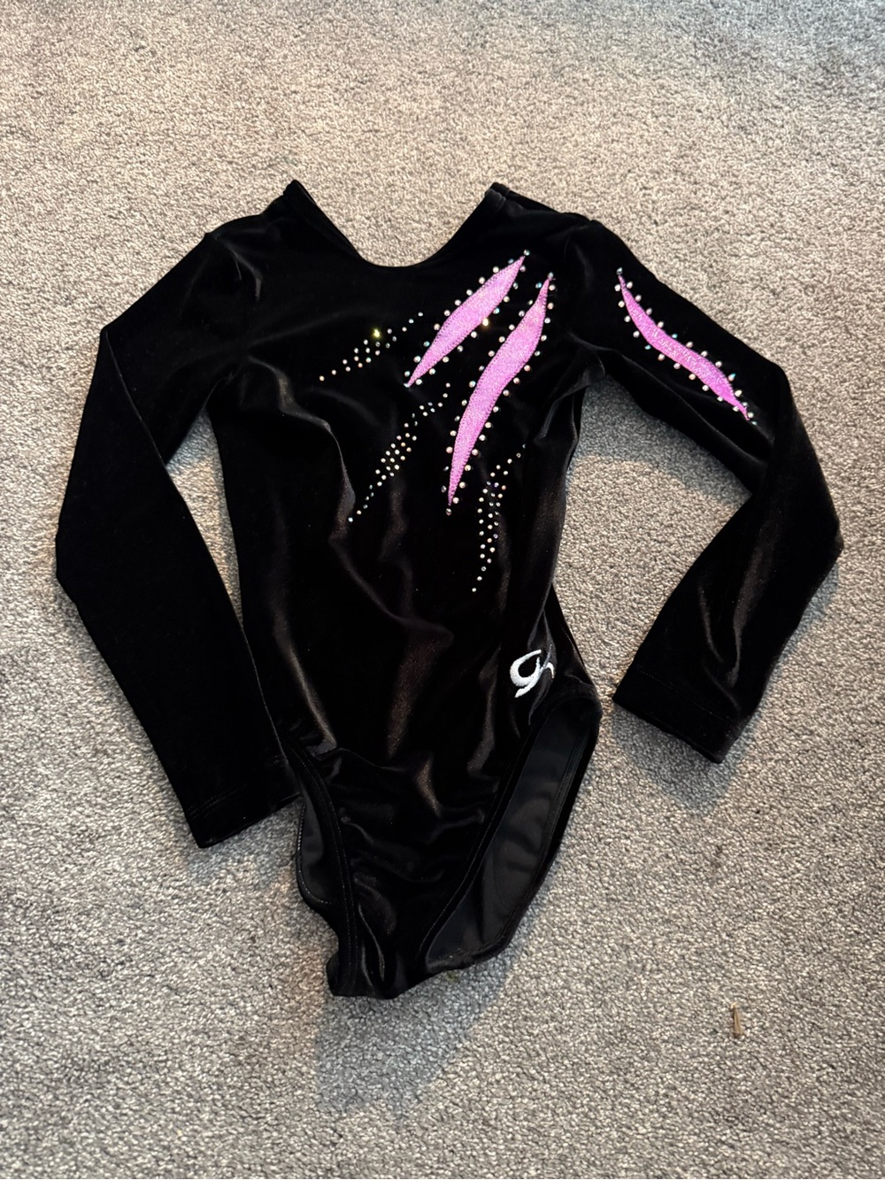 GK Elite Black Velvet Kids Long Sleeve Leotard with Pink Accents Sz CL
